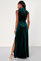 Classic Elegance Emerald Velvet Sleeveless Mock Neck Maxi Dress