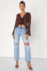 Thriving Flirt Brown Chiffon Ruffled Long Sleeve Tie-Front Top