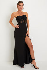 Sultry Persona Black Lace Strapless Bustier Mermaid Maxi Dress