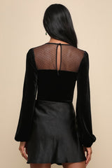 Sweetest Flirt Black Velvet Mesh Swiss Dot Long Sleeve Bodysuit