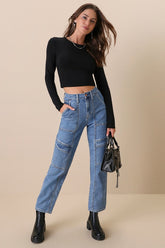 Ready to Vibe Medium Wash High-Rise Straight Leg Cargo Jeans