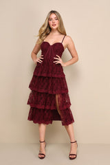 Exceptional Persona Wine Red Lace Tiered Bustier Midi Dress