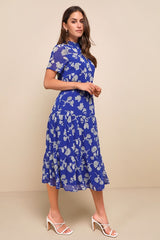 Floral Dressed Up Royal Blue Floral Print Midi Dress
