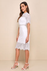 Remarkable White Sheer Lace Short Sleeve Mini Dress