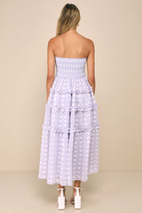 Beautiful Sentiments Lavender Floral Strapless Tiered Midi Dress