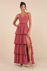 Sophisticated Occasion Rusty Rose Bustier Lace-Up Maxi Dress
