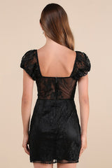 Seriously Cute Black Embroidered Mesh Puff Sleeve Mini Dress
