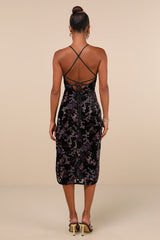 Elegant Persuasion Black Burnout Velvet Lace-Up Midi Dress