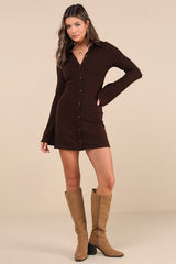 Cuddly Sweetness Brown Button-Front Sweater Mini Dress
