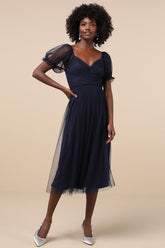 Glorious Chicness Navy Tulle Pleated Puff Sleeve Midi Dress