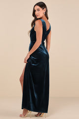 Beautiful Evenings Dark Teal Velvet Twist-Front Maxi Dress