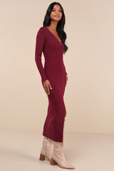 Snuggly Sweetness Plum Ribbed Zip-Front Sweater Midi Dress
