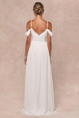 Marcelyn White Pleated Cold-Shoulder Maxi Dress