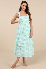 Exceptional Entrance Mint Sleeveless Tiered Rosette Midi Dress