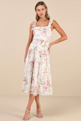 Shela Ivory Floral Jacquard Tiered Midi Dress