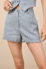 Alfonsa Light Blue Tweed Frayed High-Rise Shorts
