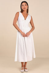 Lettie White Poplin Plunge Neck Midi Dress