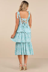 Lovely Bliss Aqua Floral Jacquard Strapless Bustier Midi Dress
