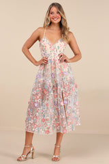 Mahryn Beige 3D Floral Embroidered Midi Bodysuit Dress