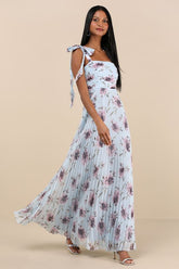 Gorgeous Purpose Blue Floral Pleated Sleeveless Bow Maxi Dress
