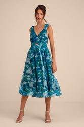 Flowering Day Dream Teal Blue Floral Organza Midi Bubble Dress