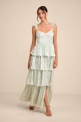 Stunning Glory Sage Green Floral Jacquard Tiered Maxi Dress