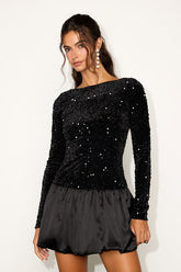 Event Aura Black Sequin Long Sleeve Mini Dress