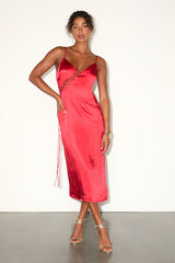 Tempting Silhouette Red Satin Lace-Up Midi Dress