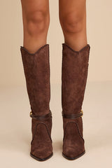 Jody Dark Brown Suede Leather Stitched Knee-High Boots