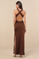 Alexandria Brown Backless Column Maxi Dress