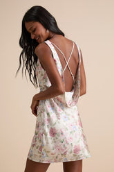 Coralise Cream Floral Satin Cowl Back Mini Dress
