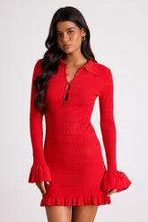 Coralee Red Textured Collared Ruffled Sweater Mini Dress
