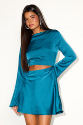 Saroya Teal Blue Satin Cutout Long Sleeve Mini Dress
