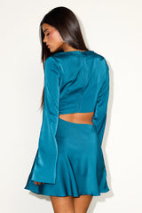 Saroya Teal Blue Satin Cutout Long Sleeve Mini Dress