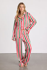 Classic White Multi Jolly Stripes Satin Two-Piece Pajama Set