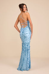 Photo Finish Light Blue Sequin Lace-Up Maxi Dress