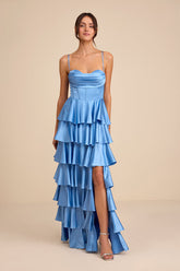 Arletta Light Blue Satin Bustier Tiered Maxi Dress