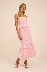Harley Light Pink Smocked Ruffled Midi Dress