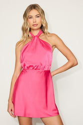Sleek Essence Fuchsia Satin Halter Sleeveless Mini Dress