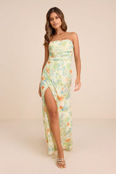 Epitome of Allure Lime Floral Mesh Strapless Ruched Maxi Dress