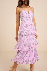 Hadelyn Lavender Floral Pleated Tiered Midi Dress
