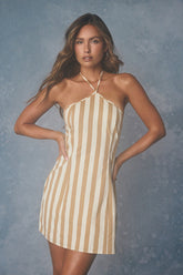 Madelia Tan Striped Halter Mini Dress