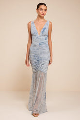 Jamie Light Blue Floral Mesh Sheer Hem Maxi Dress