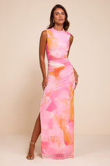 Aldea Light Pink Multi Mesh Mock Neck Maxi Dress
