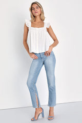 Angelic Sweetie White Ruffled Embroidered Button-Front Top