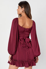 Vision of Charm Plum Purple Satin Long Sleeve Skater Mini Dress