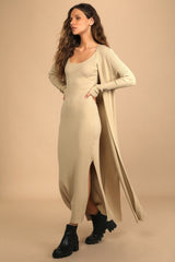 Layer Lover Beige Ribbed Knit Two-Piece Dress & Cardigan Set