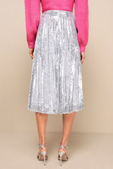 Glamorous Occasion Silver Sequin Pleated Midi Skirt
