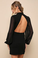 Exceptionally Flirty Black Long Sleeve Backless Mini Dress