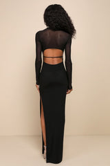 Pristine Poise Black Mesh Cutout Long Sleeve Maxi Dress